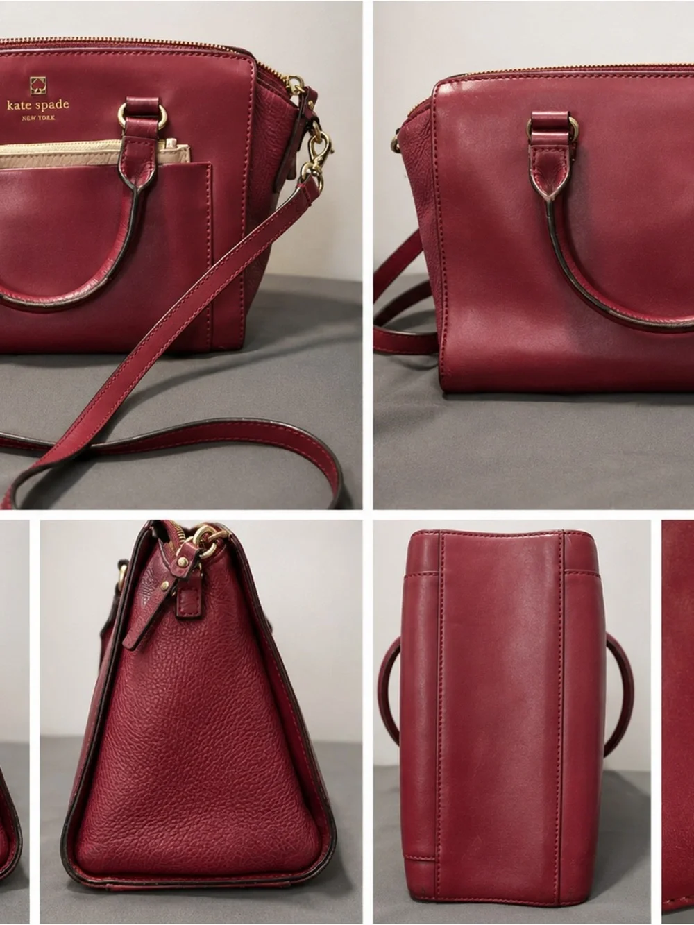 kate spade Burgundy Leather Crossbody Satchel with Beige Accent
